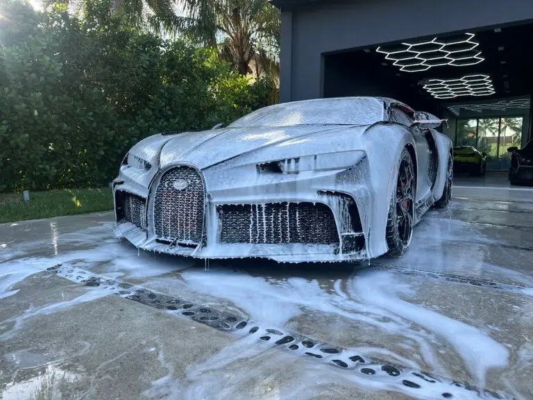 Bugatti Chiron covered in snow foam during a full detail